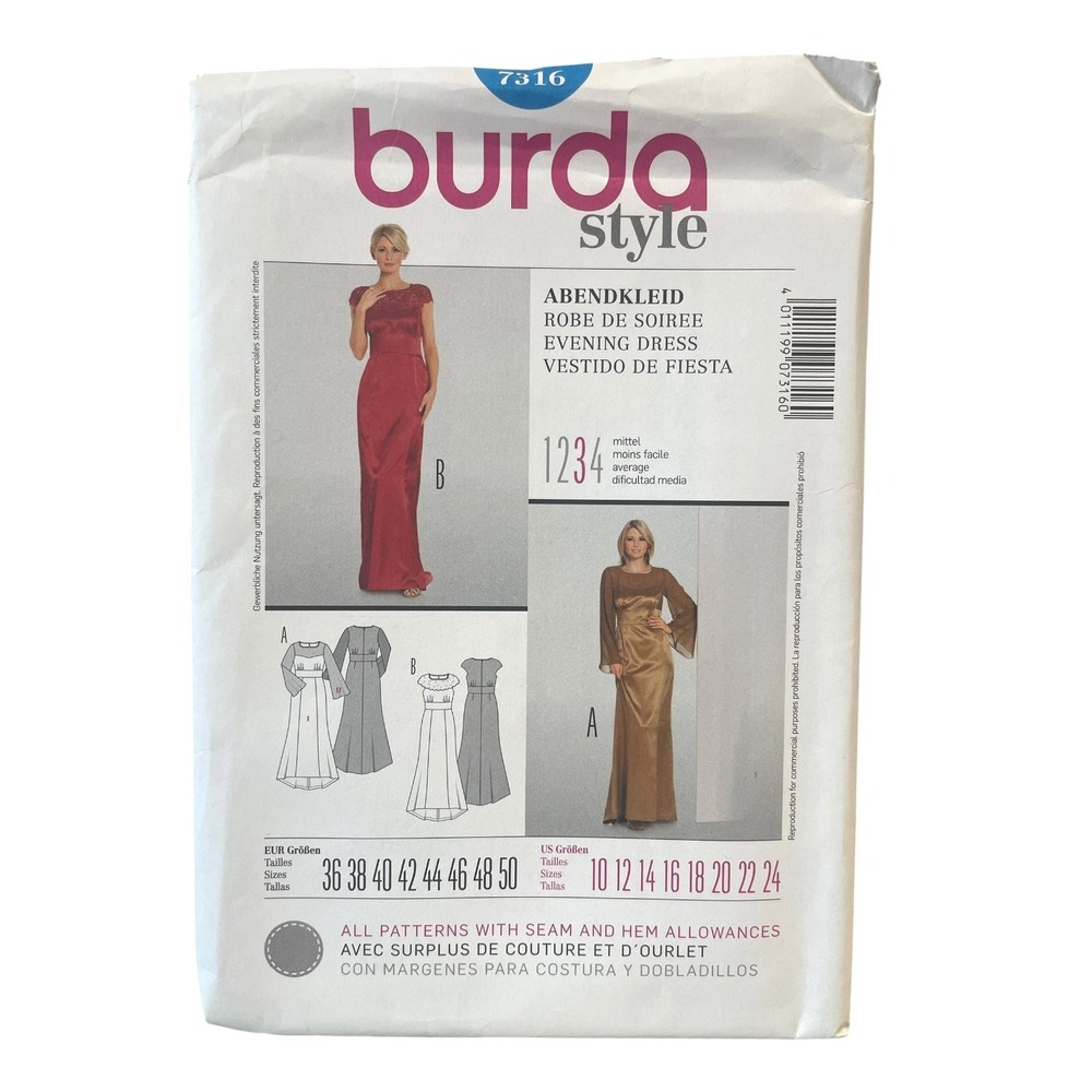 Burda Style Sewing Pattern 7316 Women Size 10-24 White Evening Dress Gown Uncut